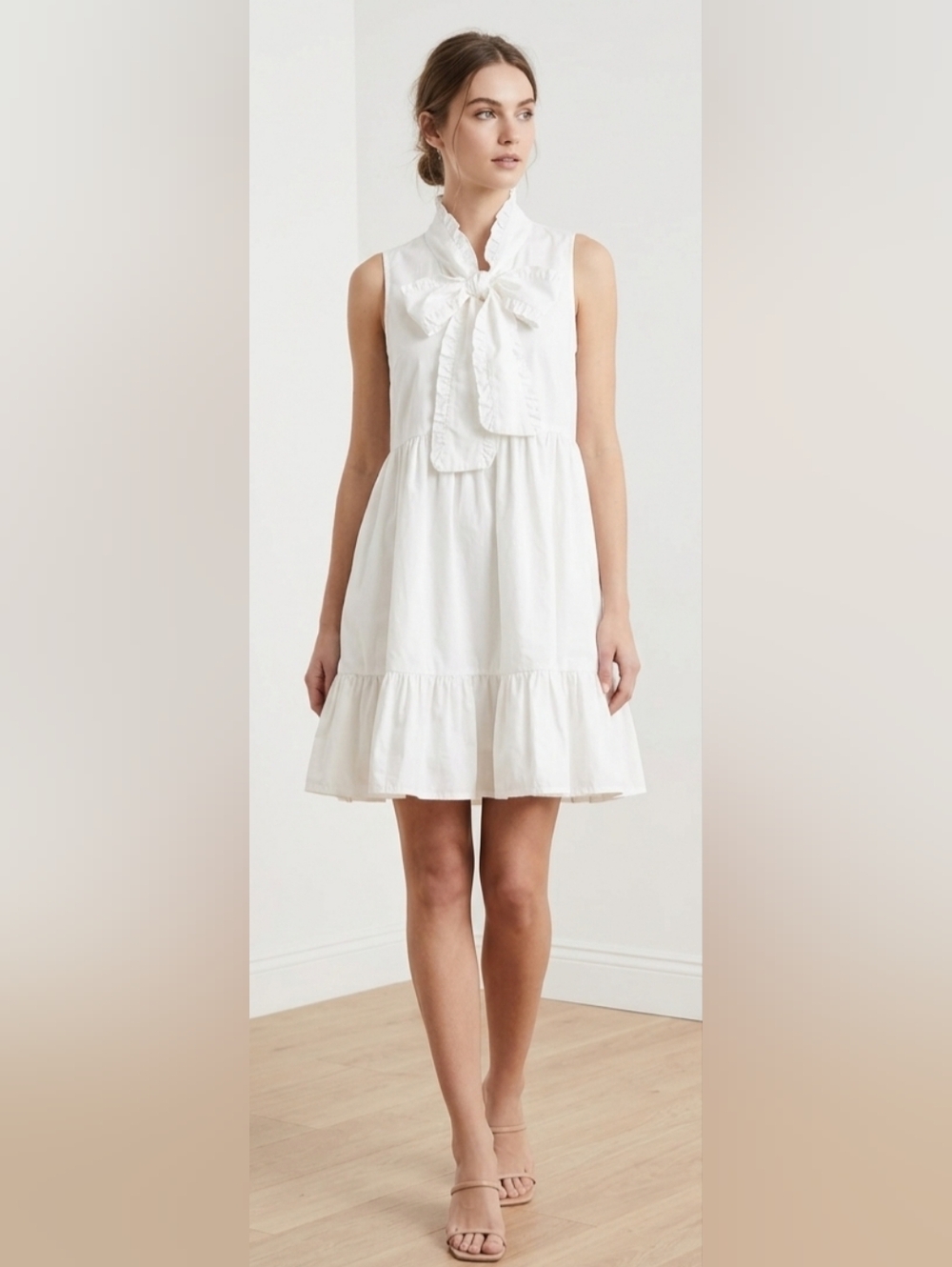 Sister Jane White Bow Neck Ruffle Dress Feminine Cottagecore Graduation Boho - Picture 2 of 7